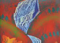 Tittel: Haust i vest - Fossefall. Tresnitt 2022. Størrelse: 50 x 65 cm.